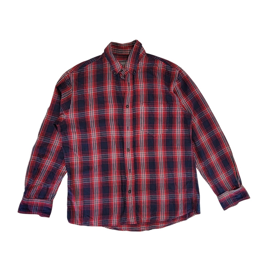 Merona Men's Plaid Flannel Long Sleeve Button Up Shirt Red Navy Blue Size M